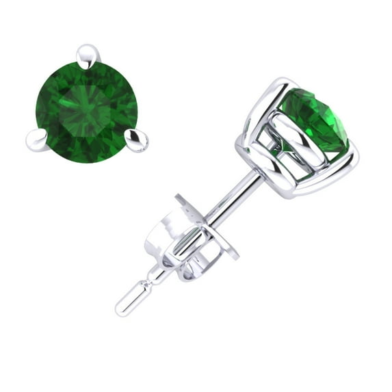 Real 1Ctw Round Cut Emerald Basket Stud Earrings 14k White Gold 3Prong Set AAA Quality
