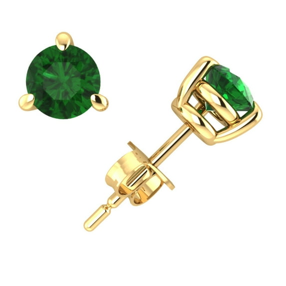 Real 1Ctw Round Cut Emerald Basket Stud Earrings 14k Yellow Gold 3Prong Set AAA Quality