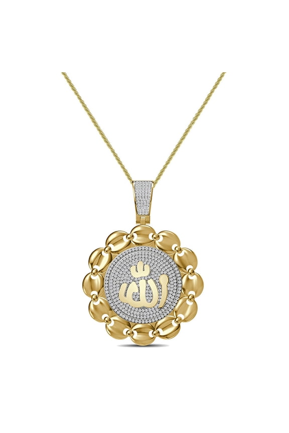 Real 2.00 Cwt. VVS1 MOISSANITE Diamond 29+ Grams Muslim God Allah Islamic Charm 10K Yellow Gold Finish Puff Anchor Mariner Flower Pendant Chain Set