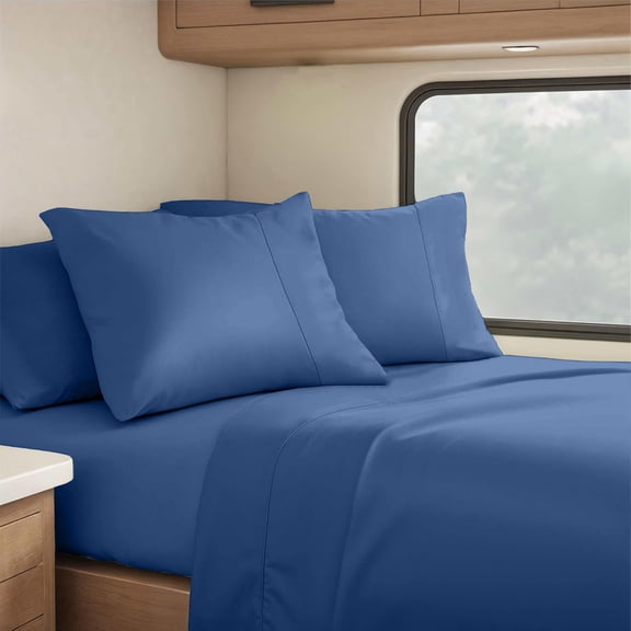 Real 800 Thread Count, 100% Organic natural Cotton, 8" Deep Pocket Sheet Set [60" X 80"] RV Camper Queen Size, Mediterranean Blue