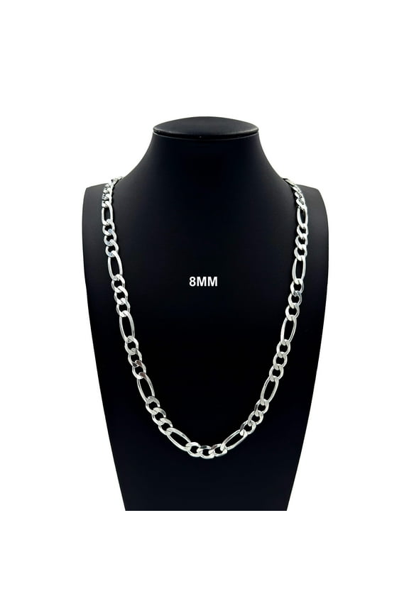 Real 8MM Solid 925 Sterling Silver FIGARO LINK CHAIN Necklace, Mens Womens, ITALY