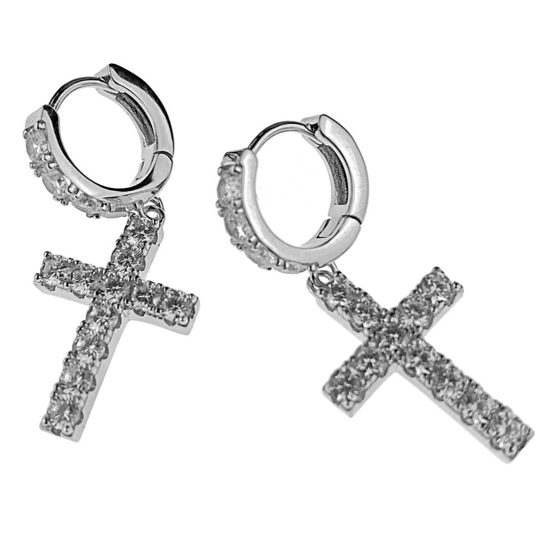 ❤️ 925 Sterling Silver Earrings men girl women huggies deals hoops with dangling cross