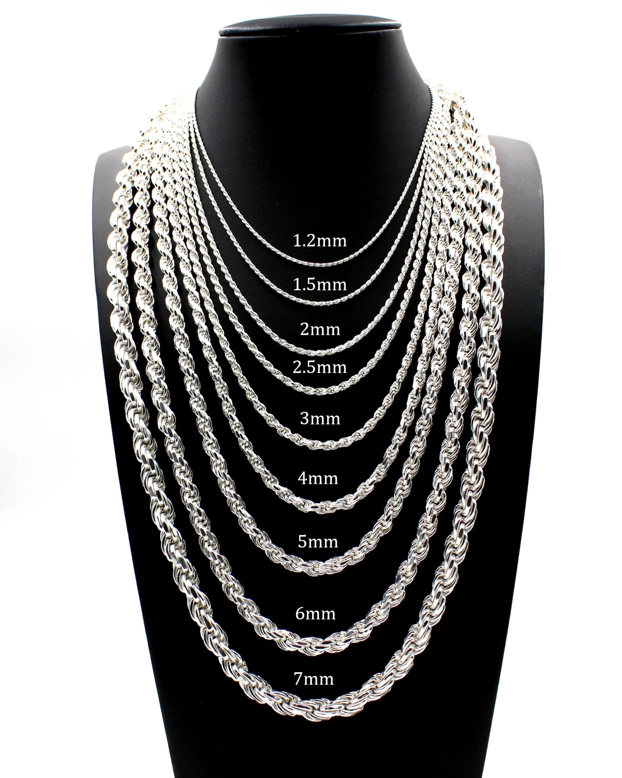 Real 925 Solid Sterling Silver Diamond-Cut Rope Chain Necklace 1.2mm 1.5mm  2mm 2.5mm 3mm 4mm 5mm 6mm 7mm 
