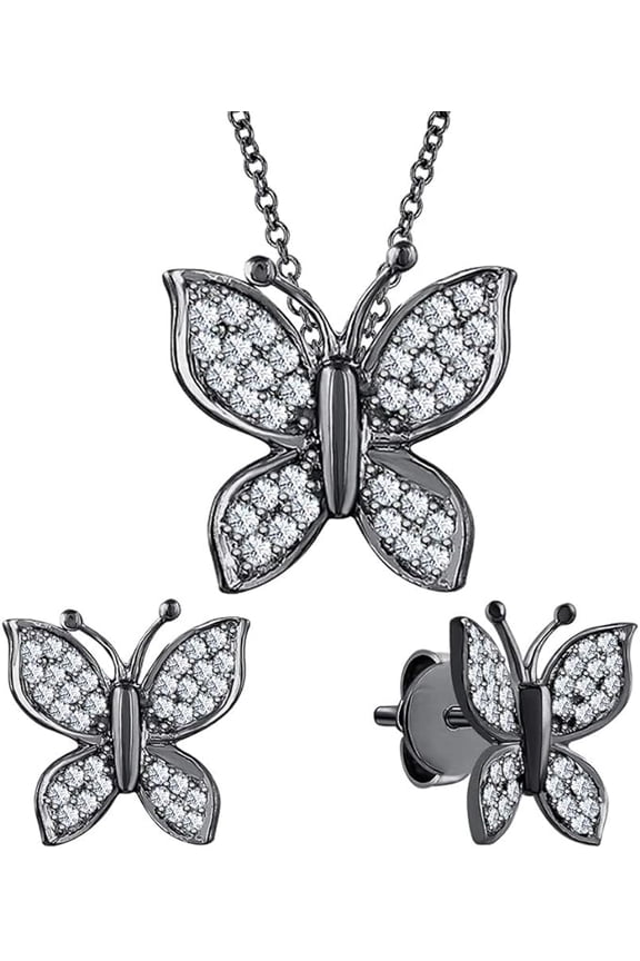 Real 925 Sterling Silver 14K Black Gold Finish Round Cut White Diamond Cute Butterfly Pendant Necklace & Stud Earring Jewelry set for Women