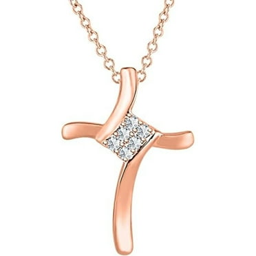 Real 925 Sterling Silver 14K Rose Gold Finish Round Cut White Diamond Swirl Style Cross Pendant Necklace for Women