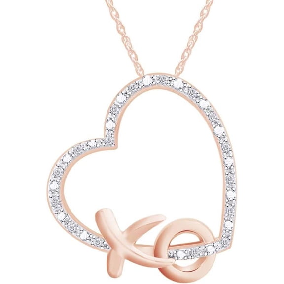 Real 925 Sterling Silver 14K Rose Gold Finish Round Cut White Diamond "XO" Heart Pendant Necklace for Women