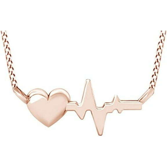 Real 925 Sterling Silver 14K Rose Gold Plated Heartbeat Love Pendant Necklace For women