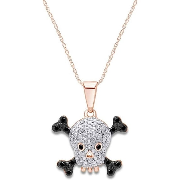 Real 925 Sterling Silver 14K Rose Gold Plated Round Cut Black & White Diamond Skull Crossbones Pendant Necklace For women