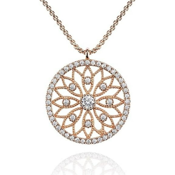 Real 925 Sterling Silver 14K Rose Gold Plated Round Cut White Diamond Intricate Filigree Pendant Necklace For women