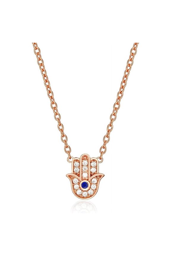 Real 925 Sterling Silver 14K Rose Gold Plated Round Shape White Diamond Hamsa Hand Pendant Necklace For women