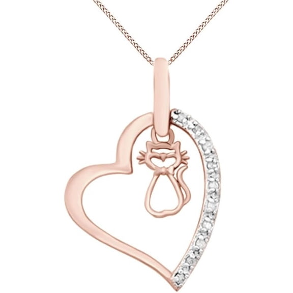 Real 925 Sterling Silver 14K Rose Gold Plated White Diamond Round Cut White Diamond Heart Shaped With Cat Pendant Necklace For women