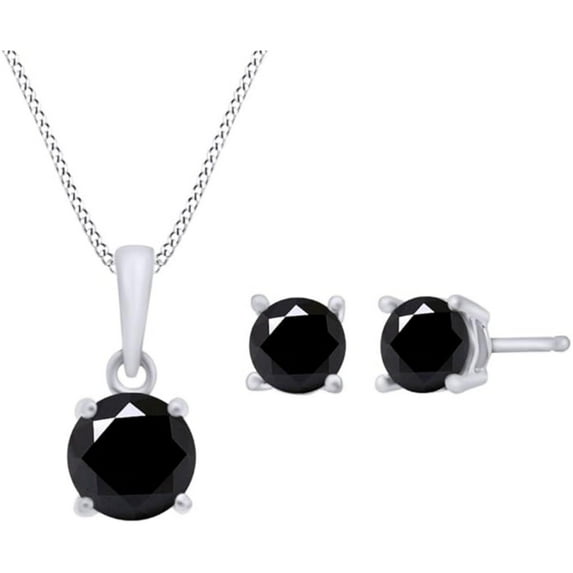 Real 925 Sterling Silver 14K White Gold Finish Round Cut Black Diamond solitaire Earrings & Pendant Necklace Jewelry Set for Women