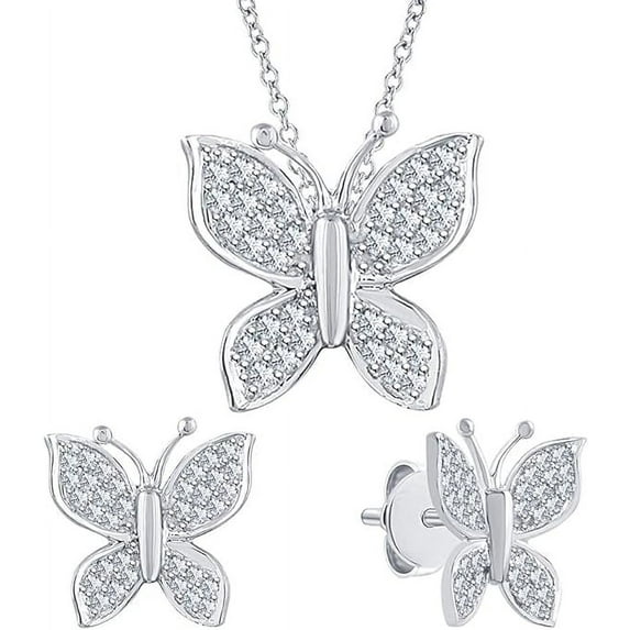 Real 925 Sterling Silver 14K White Gold Finish Round Cut White Diamond Cute Butterfly Pendant Necklace & Stud Earring Jewelry set for Women