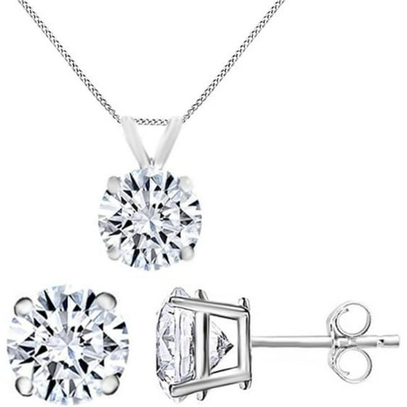 Real 925 Sterling Silver 14K White Gold Finish Round Cut White Solitaire Earrings & Pendant Necklace Jewelry Set for Women