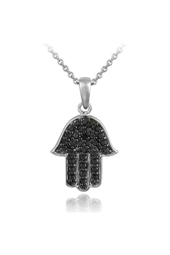 Real 925 Sterling Silver 14K White Gold Plated Round Cut Black Diamond Hamsa Hand Pendant Necklace For women