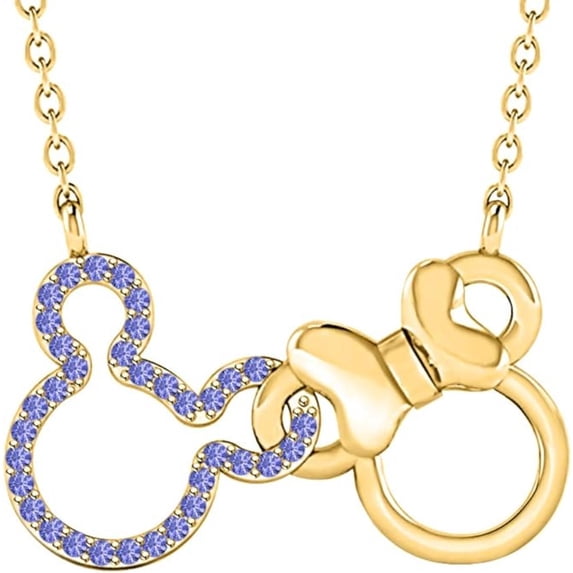 Real 925 Sterling Silver 14K Yellow Gold Finish Round Cut Blue Tanzanite Gemstone Cute Mouse Pendant Necklace Gift for Women