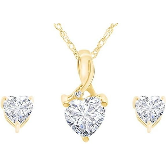 Real 925 Sterling Silver 14K Yellow Gold Finish Round Cut White Heart-Shaped Diamond Earrings & Pendant Necklace Jewelry Set for Women