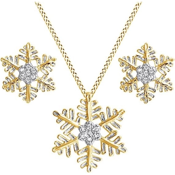 Real 925 Sterling Silver 14K Yellow Gold Finish Round Cut White Snowflake Winter Earrings & Pendant Necklace Jewelry Set for Women