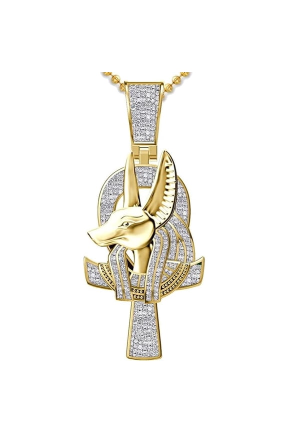 Real 925 Sterling Silver 14K Yellow Gold Plated Round Cut White Diamond Anubis Cross 2.5 Inches With Bail Pendant Jewelry Gifts
