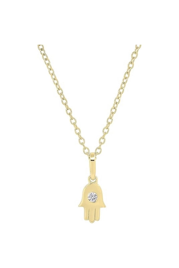 Real 925 Sterling Silver 14K Yellow Gold Plated Round Cut White Diamond Evil Eye Hamsa Pendant Necklace For women