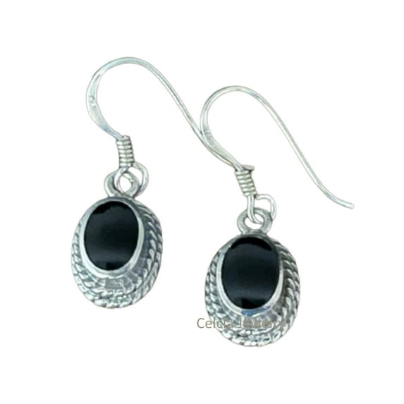 Real 925 Sterling Silver Dangle Drop Earrings For Women, Genuine Black Onyx Oval Gemstone Beautiful Handcrafted Designer Earrings For Her