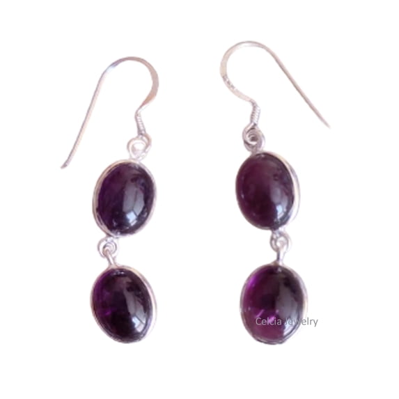 Real 925 Sterling Silver Dangle Drop Earrings For Women, Natural Amethyst Oval Purple Gemstone Amazing February Birthstone Gifts jewelry