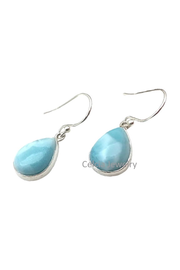 Real 925 Sterling Silver Dangle Drop Earrings For Women, Natural Larimar Cabochon Pear Blue Gemstone Amazing Handcrafted Jewelry