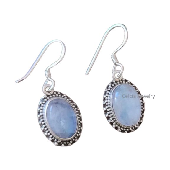 Real 925 Sterling Silver Dangle Drop Earrings For Women, Natural Moonstone Cabochon Oval Gemstone Amazing June Birthstone Giftable jewelry