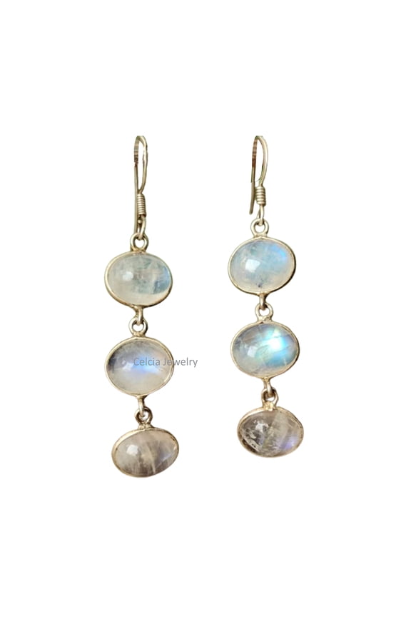 Real 925 Sterling Silver Dangle Drop Earrings For Women, Natural Rainbow Moonstone Oval Gemstone Amazing June Birthstone Gifts For Her