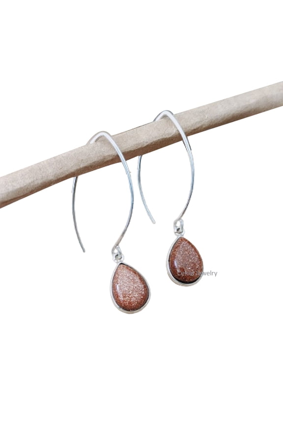 Real 925 Sterling Silver Dangle Drop Earrings For Women, Natural Sunstone Cabochon Pear Orange Gemstone Amazing Handcrafted Jewelry For Her