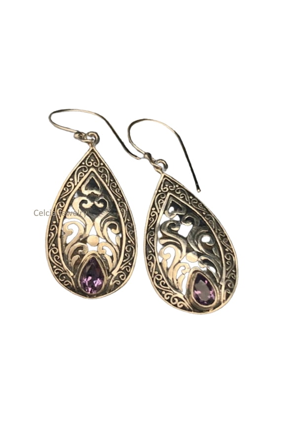 Real 925 Sterling Silver Dangle Teardrop Earrings For Women, Genuine Amethyst Pear Gemstone Amazing Handcrafted February Birthstone Gifts