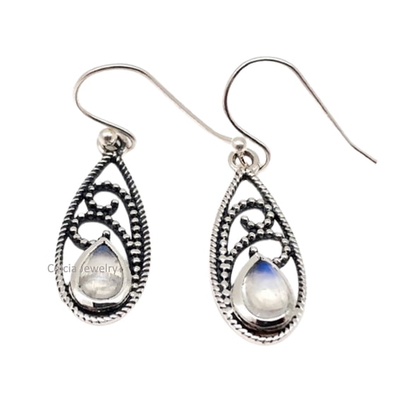 Real 925 Sterling Silver Dangle Teardrop Earrings For Women, Moonstone Natural Pear Gemstone Unique June Birthstone Gifts For Her