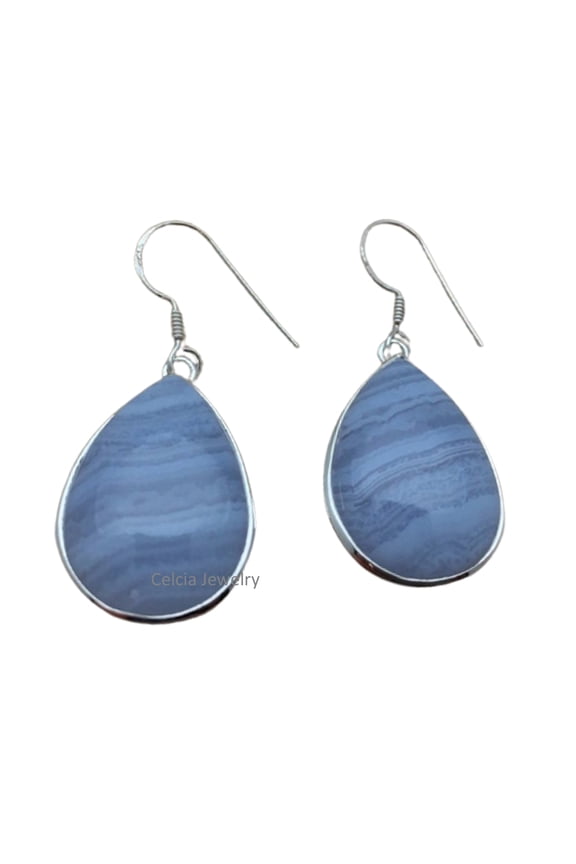 Real 925 Sterling Silver Dangle Teardrop Earrings For Women, Natural Blue Lace Agate Pear Gemstone Unique Handcrafted Earrings For Her