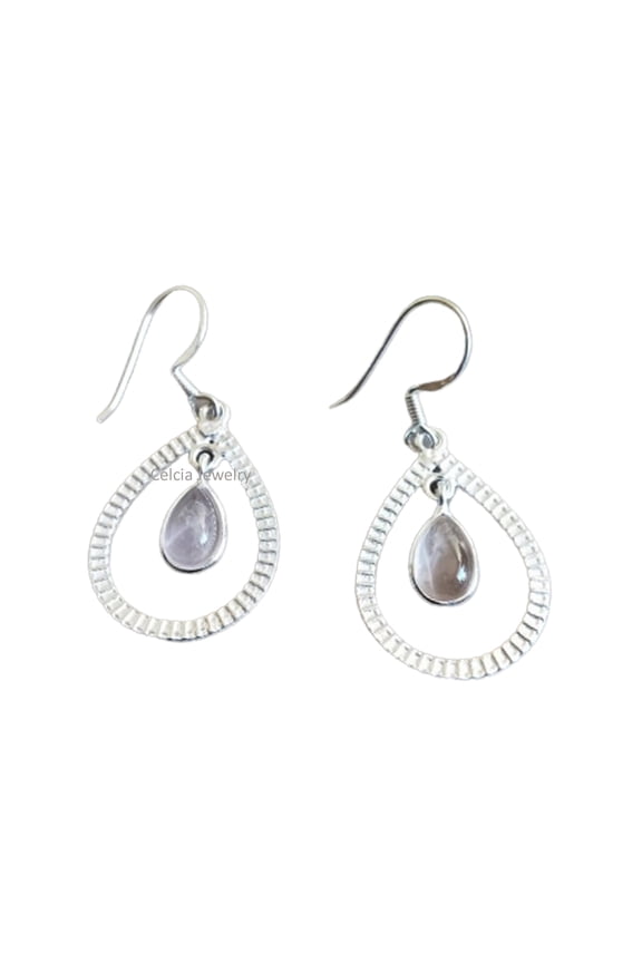 Real 925 Sterling Silver Dangle Teardrop Earrings For Women, Pear Rose Quartz Natural Pink Gemstone Unique October Birthstone Gifts For Her