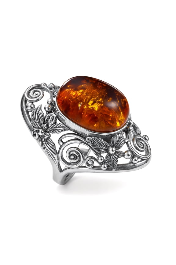 Real 925 Sterling Silver Finger Rings, Genuine Amber Gemstone Ring for Men Women, Handmade Designer Filigree, Fashion Jewelry for Gifts, Size 6