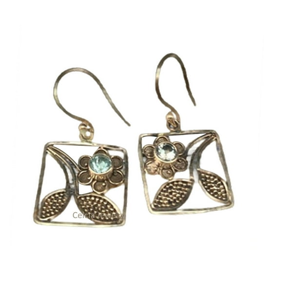 Real 925 Sterling Silver Flower Leaves Designer Dangle Drop Earrings For Women, Genuine Blue Topaz Unique Handcrafted November Birthstone Gift