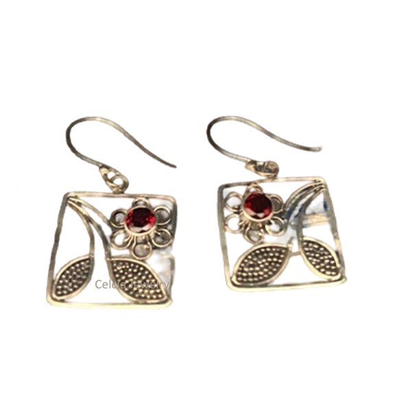 Real 925 Sterling Silver Flower Leaves Designer Dangle Drop Earrings For Women, Genuine Garnet Unique Handcrafted January Birthstone Gift