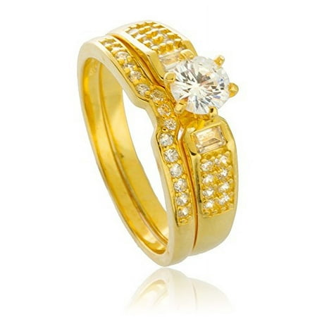 Real 925 Sterling Silver Goldtone with Round Cz Caged Stone Engagement Ring 2 Piece Set Sizes 6-9 (7)