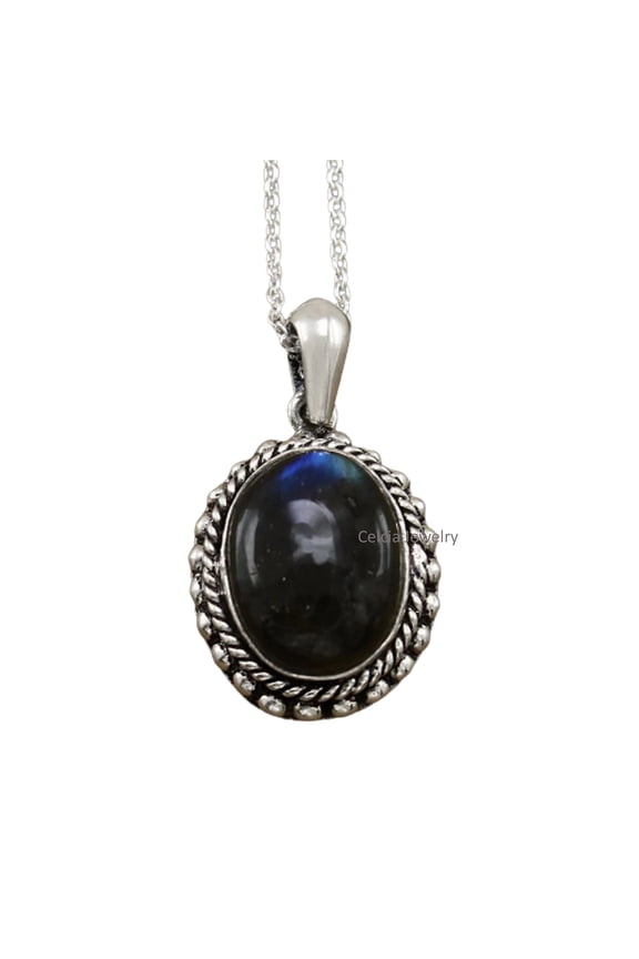 Real 925 Sterling Silver Necklace For Women, Genuine Labradorite Cabochon Oval Gemstone Unique Handcrafted Necklace For Her
