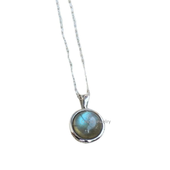 Real 925 Sterling Silver Necklace For Women, Genuine Labradorite Cabochon Round Gemstone Unique Handcrafted Necklace For Her