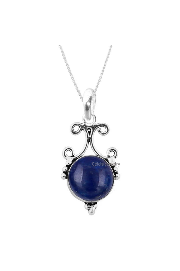 Real 925 Sterling Silver Necklace For Women, Genuine Lapis Lazuli Cabochon Blue Round Gemstone Unique Handcrafted Necklace For Her
