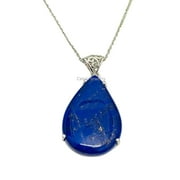 CELCIA JEWELRY Real 925 Sterling Silver Necklace For Women, Genuine Prong Lapis Lazuli Cabochon Pear Gemstone Amazing Handcrafted Necklace For Her