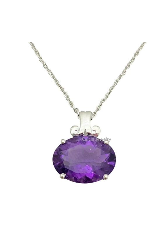 Real 925 Sterling Silver Necklace For Women, Genuine Prong Oval Amethyst Purple Gemstone Unique Handcrafted February Birthstone Gift