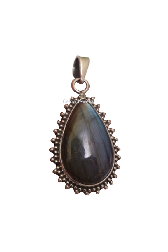 Real 925 Sterling Silver Pendant For Men Women, Genuine Labradorite Cabochon Pear Gemstone Unique Handcrafted Pendant For Her Him