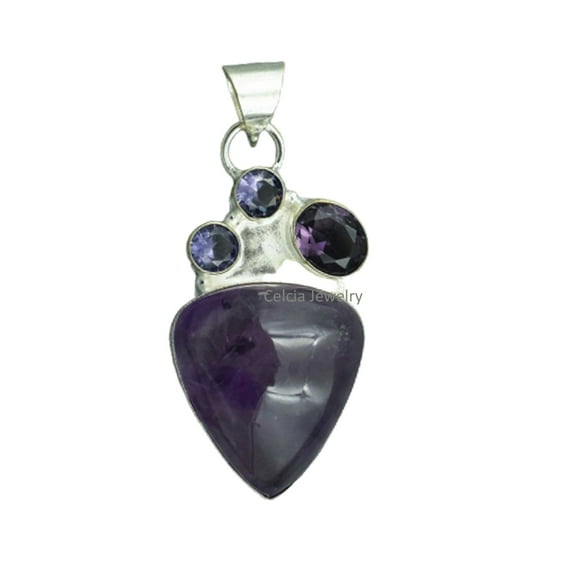 Real 925 Sterling Silver Pendant For Men Women, Genuine Purple Amethyst Multiple Gemstone Unique Handcrafted February Birthstone Gift