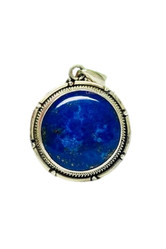 Real 925 Sterling Silver Pendant For Men Women, Genuine Round Lapis Lazuli Cabochon Blue Gemstone Unique Handcrafted Pendant