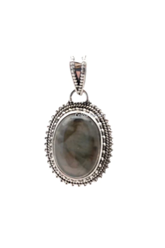Real 925 Sterling Silver Pendant For Men Women, Natural Labradorite Cabochon Oval Grey Gemstone Amazing Handcrafted Pendant For Her Him