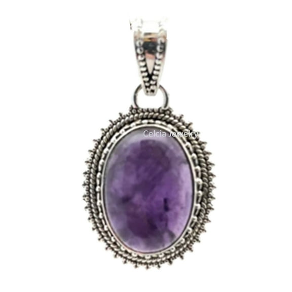 Real 925 Sterling Silver Pendant For Men Women, Natural Purple Amethyst Pear Gemstone Unique Handcrafted February Birthstone Pendant