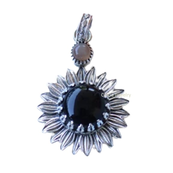 Real 925 Sterling Silver Pendant For Women Men, Genuine Black Onyx & Rose Quartz Double Gemstone Sun Flower Unique Handcrafted Jewelry