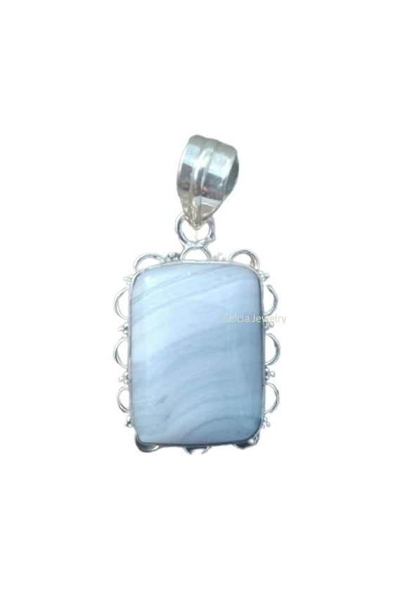Real 925 Sterling Silver Pendant For Women Men, Genuine Blue Lace Agate Rectangle Gemstone Amazing Handcrafted Jewelry For Her Him